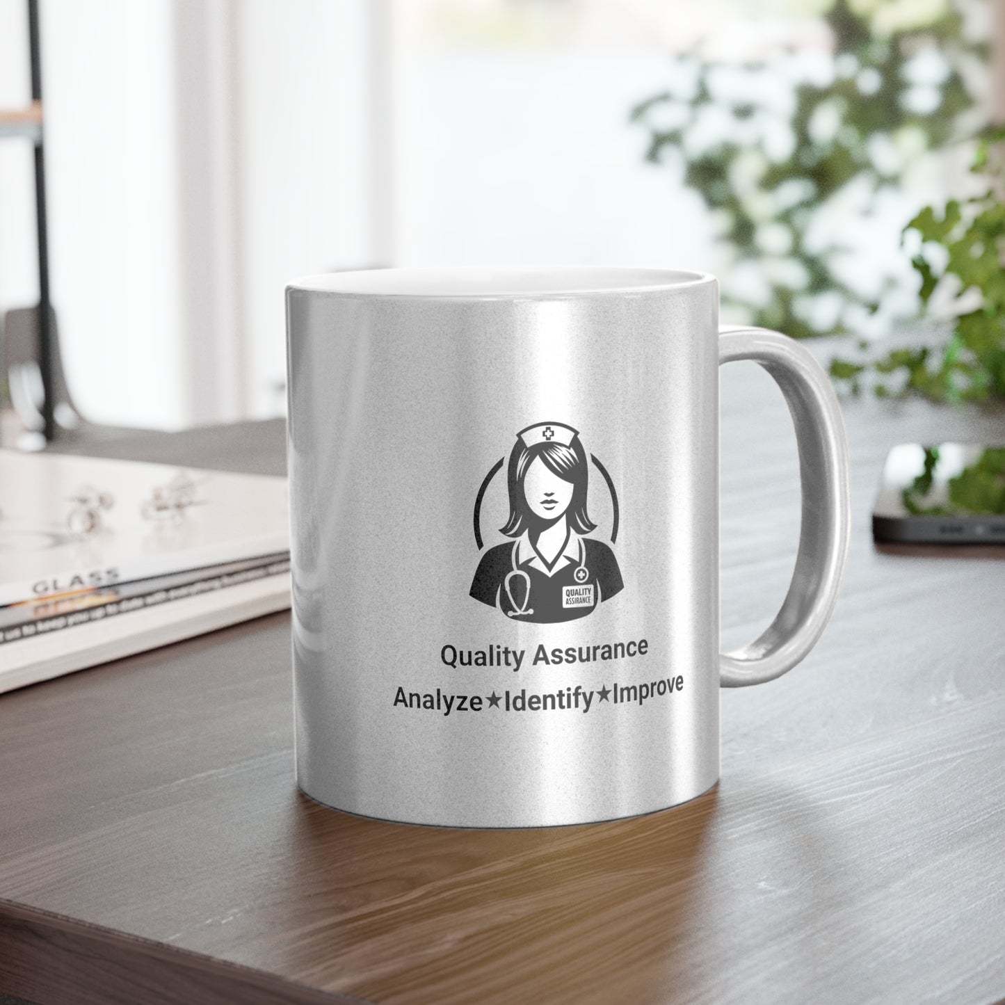 Quality Assurance Nurse Metallic Mug - Analyze, Identify, Improve - Silver/Gold