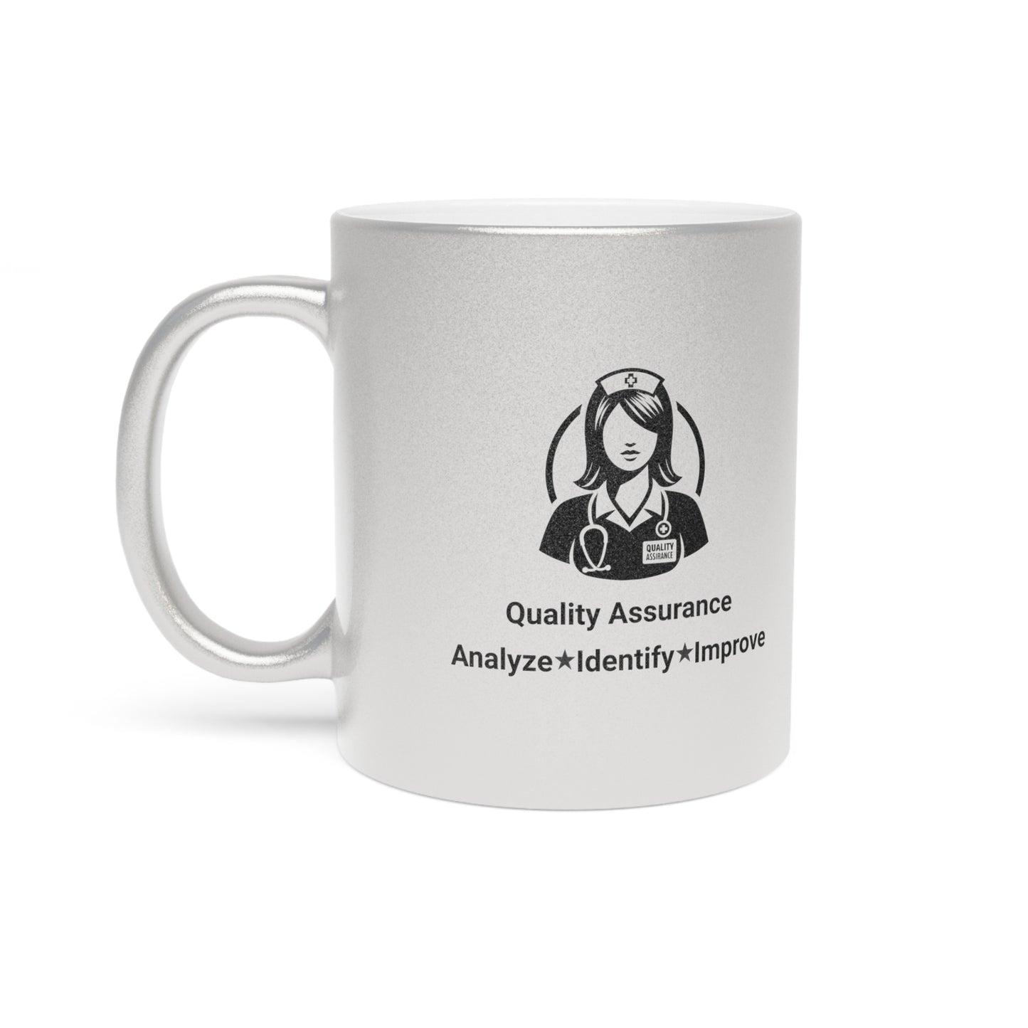 Quality Assurance Nurse Metallic Mug - Analyze, Identify, Improve - Silver/Gold