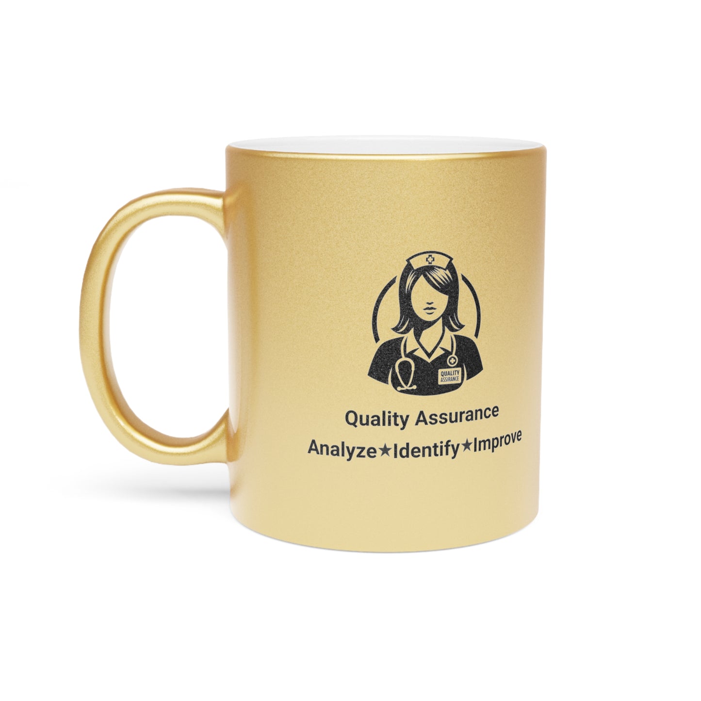 Quality Assurance Nurse Metallic Mug - Analyze, Identify, Improve - Silver/Gold