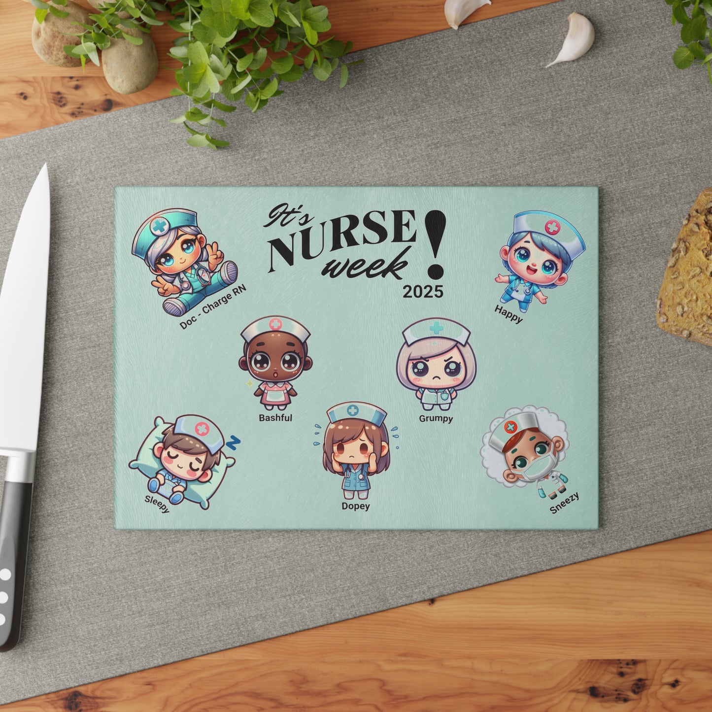 Cutting Board - Seven Nurse Dwarves Silly Design for Nursing Week 2025
