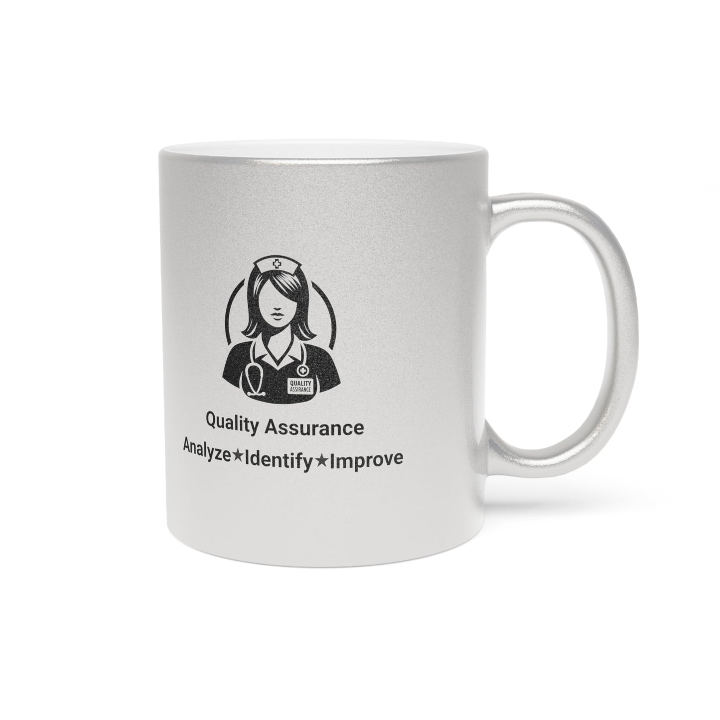 Quality Assurance Nurse Metallic Mug - Analyze, Identify, Improve - Silver/Gold