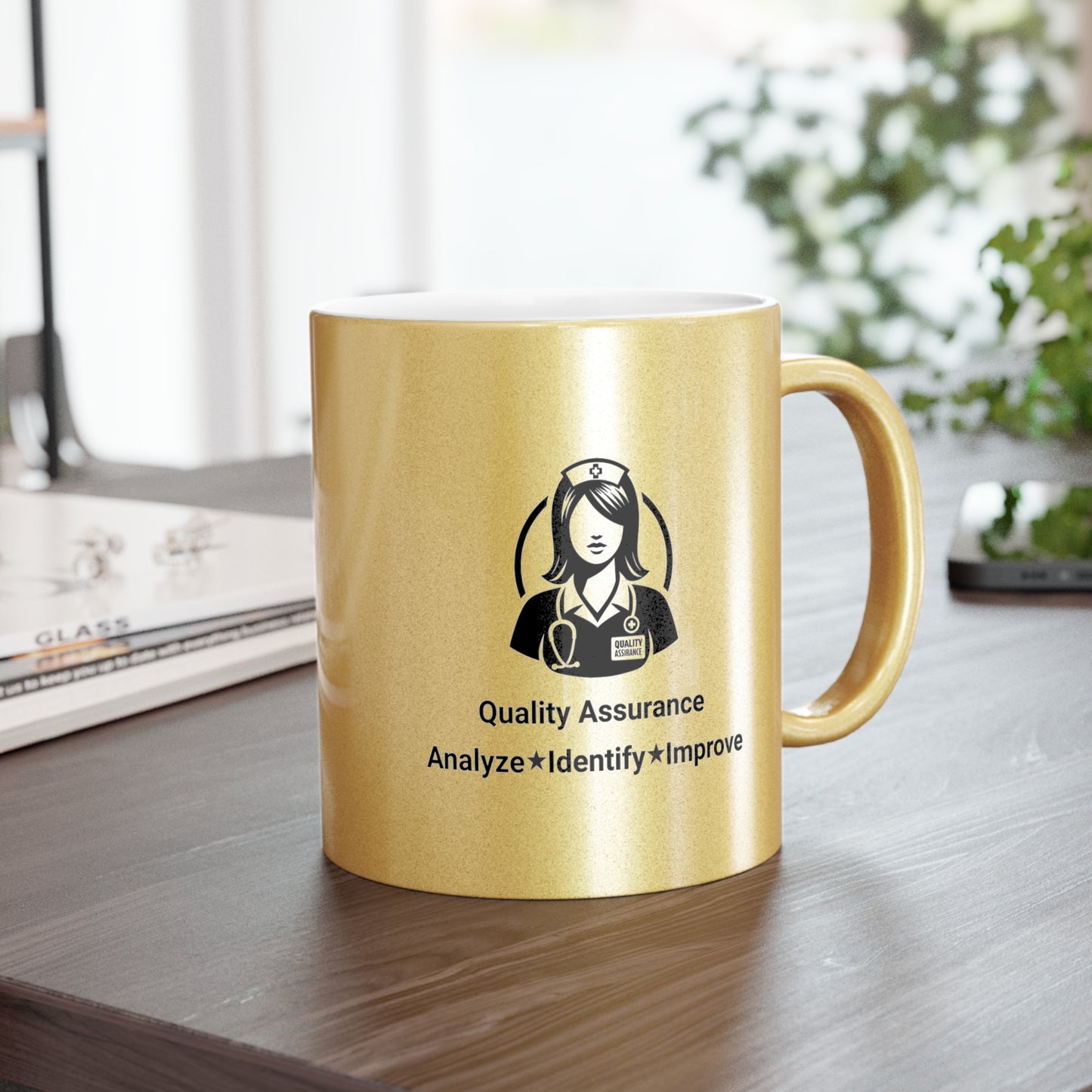 Quality Assurance Nurse Metallic Mug - Analyze, Identify, Improve - Silver/Gold