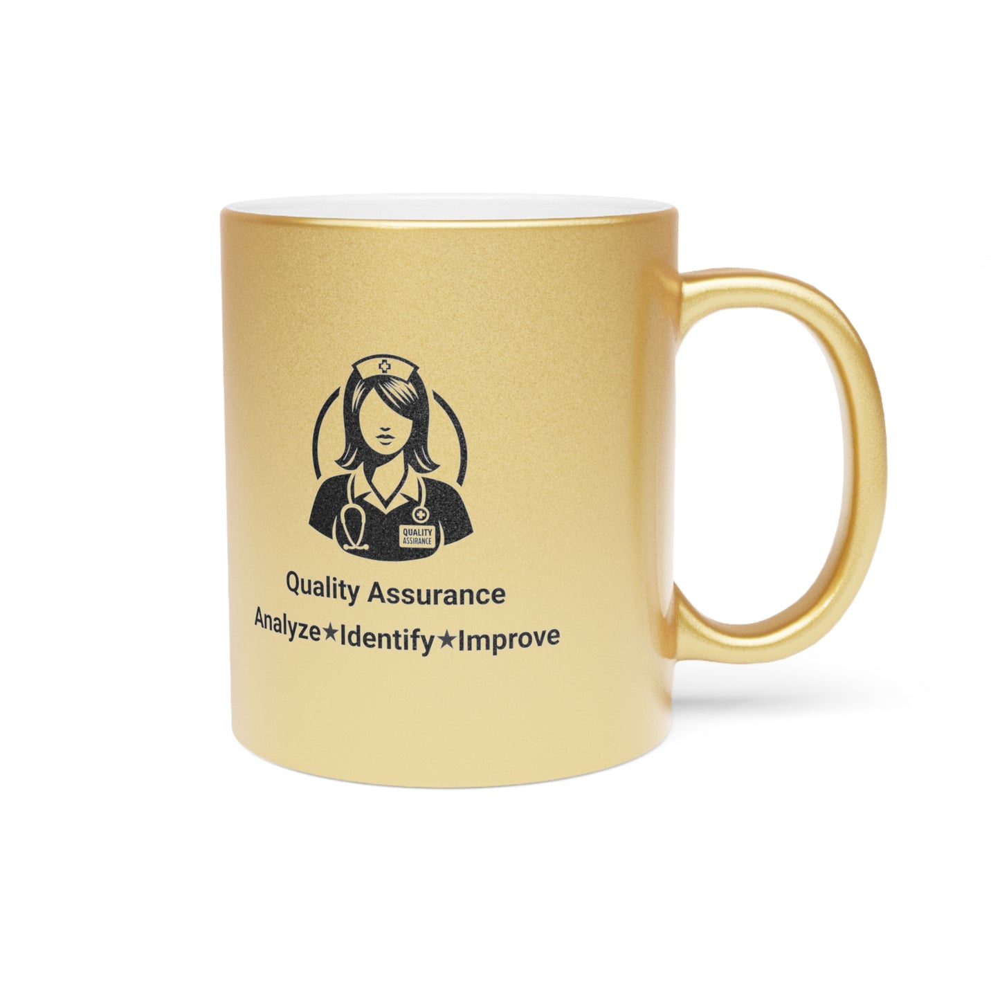 Quality Assurance Nurse Metallic Mug - Analyze, Identify, Improve - Silver/Gold