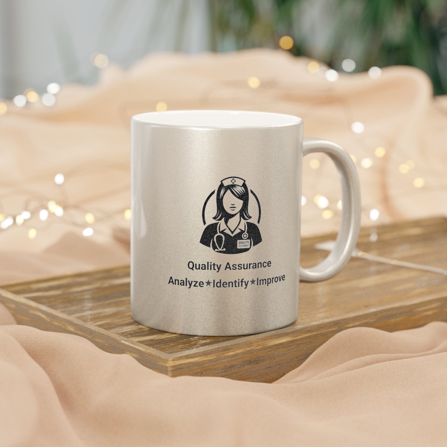 Quality Assurance Nurse Metallic Mug - Analyze, Identify, Improve - Silver/Gold