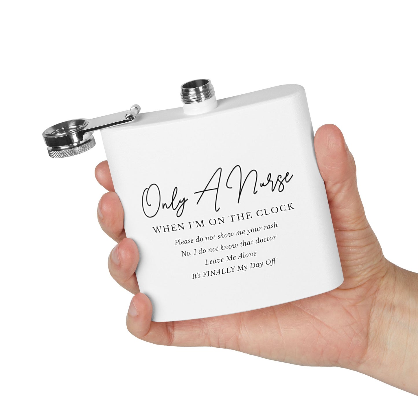 Nurse On The Clock Flask, Healthcare Worker Gift, Funny RN Gift, Medical Professional Gift, Stainless Steel Drinkware, Hospital Staff